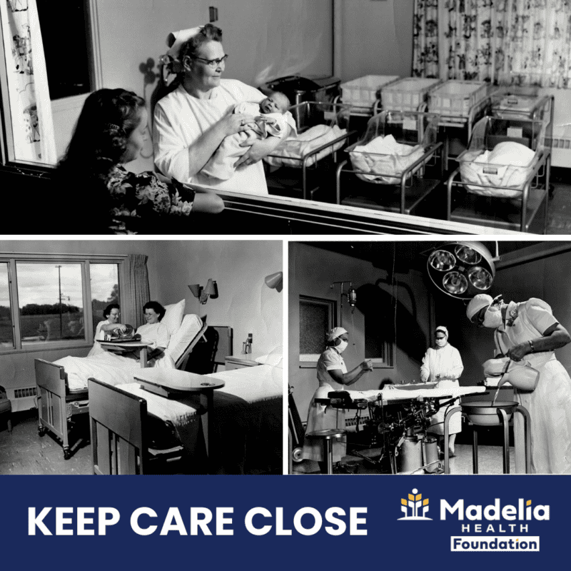 Black and white photos of staff caring for patients